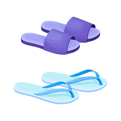 Fashionable shoes set. Slippers and flip flops footwear cartoon vector illustration