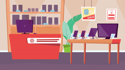Electronics store interior concept in flat cartoon design. Shop with assortment of mobile phones, tv and computer, gadgets on showcase and table, checkout. Vector illustration horizontal background