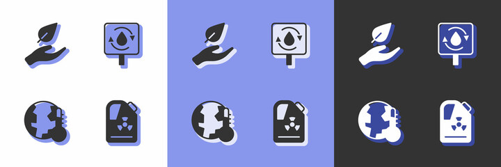 Set Radioactive waste in barrel, Leaf hand, Earth melting to global warming and Recycle clean aqua icon. Vector