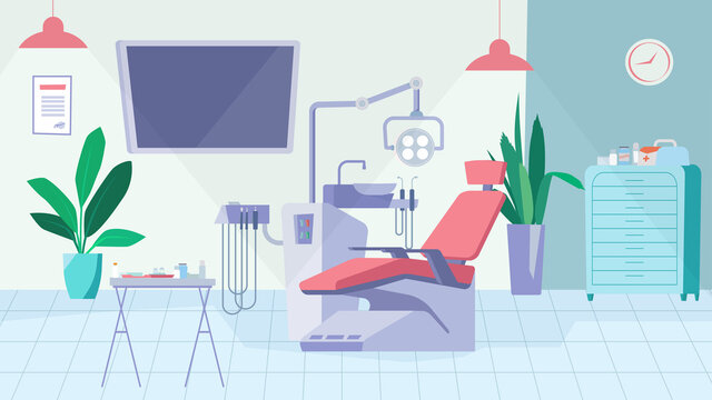 Dentist office interior concept in flat cartoon design. Room with dental chair, lamp and medical instruments. Stomatology treatment, orthodontic service. Vector illustration horizontal background