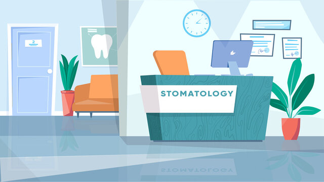 Dentistry waiting room interior concept in flat cartoon design. Lobby with reception desk, workplace with computer, sofa for patients by doctor office door. Vector illustration horizontal background