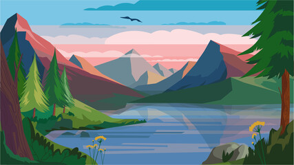 Mountain morning landscape concept in flat cartoon design. Dawn at mountains peaks, lake, forest and plants on slopes lakeside. Wildlife panoramic view. Vector illustration horizontal background
