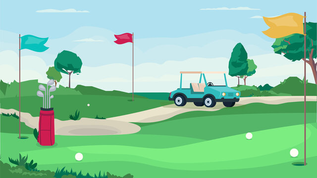 Golf game field concept in flat cartoon design. Green field with holes for balls and flags, golf car, bag with clubs. Competition place, tournament, sport. Vector illustration horizontal background