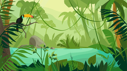 Jungle forest landscape concept in flat cartoon design. Toucan sits on branch, scene with river, different types of trees and plants. Wildlife panoramic view. Vector illustration horizontal background