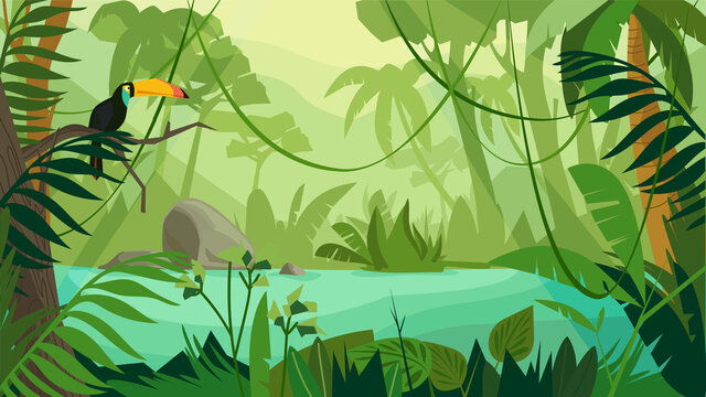 Jungle forest landscape concept in flat cartoon design. Toucan sits on branch, scene with river, different types of trees and plants. Wildlife panoramic view. Vector illustration horizontal background