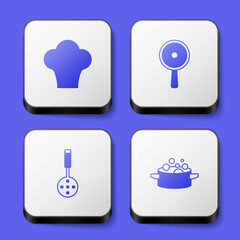 Set Chef hat, Frying pan, Spatula and Cooking pot icon. White square button. Vector