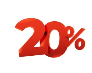 Red twenty percent on white background. 3d render.