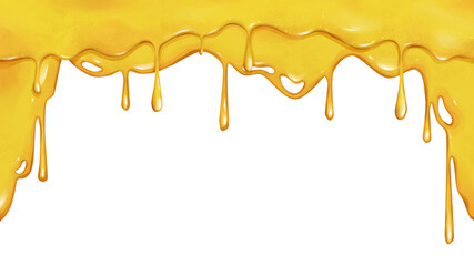 Sweet honey on a white background. Colorful background with delicious honey flowing from the edge. Dripping honey element isolated on white background. Drawn illustration for cafe, shop, bakery menu.