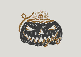Black and white illustration with a sinister pumpkin. Day of the Dead. Halloween. Drawing for souvenirs and tattoo