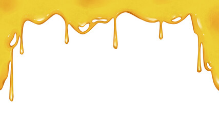 Sweet honey on a white background. Colorful background with delicious honey flowing from the edge. Dripping honey element isolated on white background. Drawn illustration for cafe, shop, bakery menu.