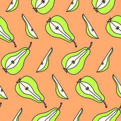 Template for printing on fabric. Green pears on an orange background. A cut pear and a piece of pear. Printing of postcards, paper, textiles. Vector.
