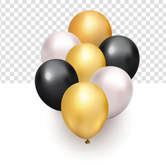 Realistic bunch of flying glossy white black gold balloons for new year design element