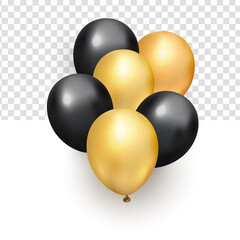 Realistic bunch of flying glossy black gold balloons for new year design element