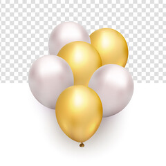 Realistic bunch of flying glossy white gold balloons for new year design element