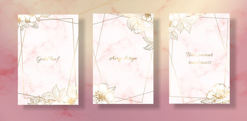 Gold frame pink, leaves and flowers of cherry. Marble pink background. Geometric abstract frame. Vector file.