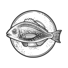 Gilt head bream dorada fish on plate sketch engraving vector illustration. Sea food restaurant. T-shirt apparel print design. Scratch board imitation. Black and white hand drawn image.