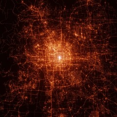 Beijing city lights map, top view from space. Aerial view on night street lights. Global networking, cyberspace