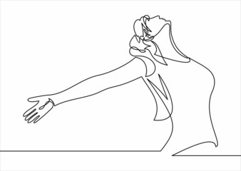 Continuous line art or One Line Drawing of a woman stretching arms is relaxing picture vector illustration