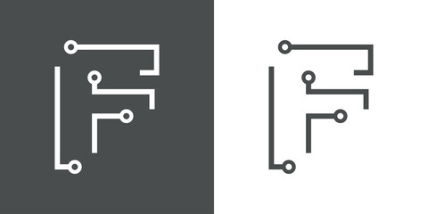 Logotipo letra inicial F con forma de circuito electrónico con lineas en fondo gris y fondo blanco © teracreonte