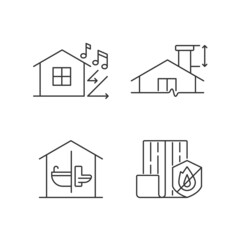 Home construction safety linear icons set. Sound insulation. Minimum chimney height. Resistance to fire. Customizable thin line contour symbols. Isolated vector outline illustrations. Editable stroke