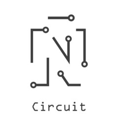 Logotipo letra inicial Ñ con forma de circuito electrónico con lineas en color gris