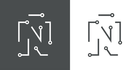 Logotipo letra inicial Ñ con forma de circuito electrónico con lineas en fondo gris y fondo blanco © teracreonte