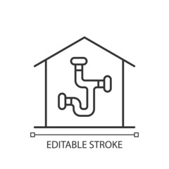 Plumbing system linear icon. Installing pipes and fixtures in house. Well-arranged piping network. Thin line customizable illustration. Contour symbol. Vector isolated outline drawing. Editable stroke