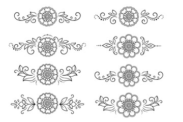 Set of Mehndi flower pattern for Henna drawing and tattoo. Decoration in ethnic oriental, Indian style. Doodle ornament. Outline hand draw vector illustration.