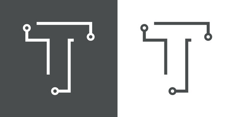 Logotipo letra inicial T con forma de circuito electrónico con lineas en fondo gris y fondo blanco