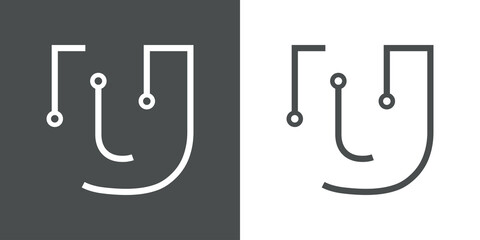 Logotipo letra inicial U con forma de circuito electrónico con lineas en fondo gris y fondo blanco