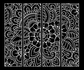 Printable bookmark for book - coloring. Set of black and white labels with flower patterns, hand draw in mehndi style. Sketch of ornaments for creativity of children and adults with colored pencils.