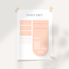 A4 poster with meals and exercise schedule, daily planner for healthy life, with water and vegetable consumption tracker, calories incom and loss, vector, trendy design with organic shadows