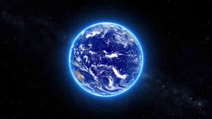 Plakat Earth planet in space. Blue glowing atmosphere realistic earth planet.