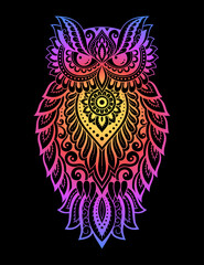 Owl decorated with oriental Indian ethnic floral vintage pattern. Hand drawn decorative bird in doodle style. Stylized mehndi ornament for print, cover, book. Rainbow design on black background.