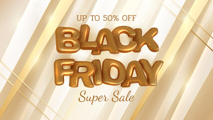 Black friday sale banner background, realistic 3D luxury gold lettering. vector illustration.
