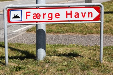 Ferry port road sign in Denmark called faerge havn in Danish language