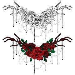 Vintage roses. Set of gothic tattoos. Collection of graphic and color isolated vector illustrations.