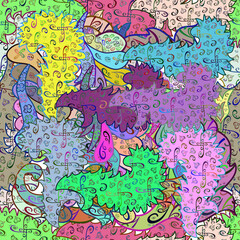 Seamless pattern with interesting doodles on colorfil background. Raster illustration.