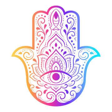Colorful Hamsa hand drawn symbol with flower. Decorative pattern in oriental style for interior decoration and henna drawings. The ancient sign of "Hand of Fatima". Rainbow design on white background.