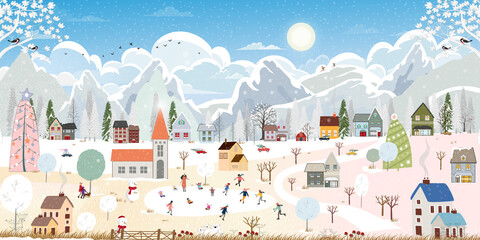 Winter landscape in village, Christmas and new year celebrated in the city,Vector of horizontal banner winter wonderland in the town with happy kids sledding and couple with skiing in the park