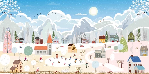 Foto op Aluminium Winter landscape in village, Christmas and new year celebrated in the city,Vector of horizontal banner winter wonderland in the town with happy kids sledding and couple with skiing in the park © Anchalee