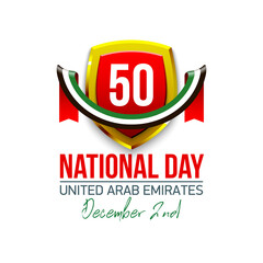 Fifty UAE national day, Spirit of the union. Logo with UAE flag and shield. Illustration of 50 years National day of the United Arab Emirates. protect of the 50th anniversary 2 December 1971 - 2021