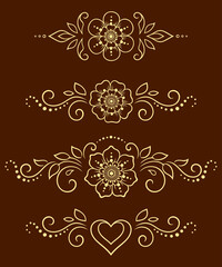 Set of Mehndi flower pattern for Henna drawing and tattoo. Decoration in ethnic oriental, Indian style. Doodle ornament. Outline hand draw vector illustration.