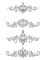 Set of Mehndi flower pattern for Henna drawing and tattoo. Decoration in ethnic oriental, Indian style. Doodle ornament. Outline hand draw vector illustration.