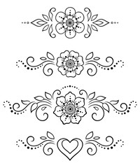 Set of Mehndi flower pattern for Henna drawing and tattoo. Decoration in ethnic oriental, Indian style. Doodle ornament. Outline hand draw vector illustration.