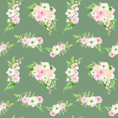 Watercolor floral seamless pattern with elegant bouquets. Blush and white flowers on green background. Repeated botanical print. Design for fabrics, textile, wallpaper, wrapping, scrapbook paper