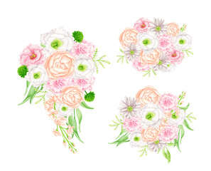 Watercolor flower bouquets illustration set. Hand drawn boho floral arrangements isolated on white. Elegant blush, white and pink flower heads with greenery for wedding invitations, cards