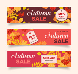 Autumn sale. Set of vector banners with fallen leaves. Cartoon flat illustration. Seasonal shop discount.