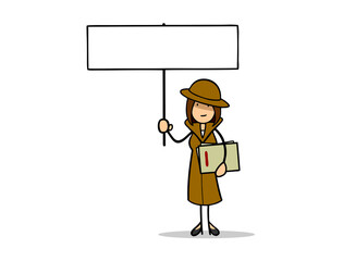 Cartoon Agentin oder Spion vom Nachrichtendienst mit Schild