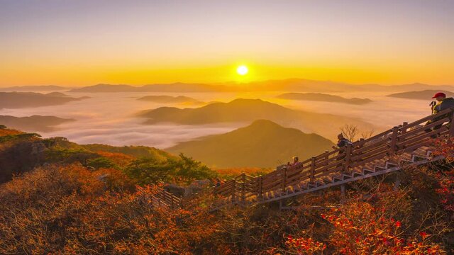 Autumn leaves change color in the morning On the top of Cheonmasan Mountain in South Korea Surrounded by sea of fog and beautiful views.